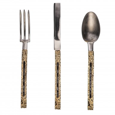 ATTILA SWAROVSKY - cutlery in satinless steel and brass. The handle has a black rhodium galvanic finishing where are placed 10 Swarovsky Jet stone. NICKEL FREE